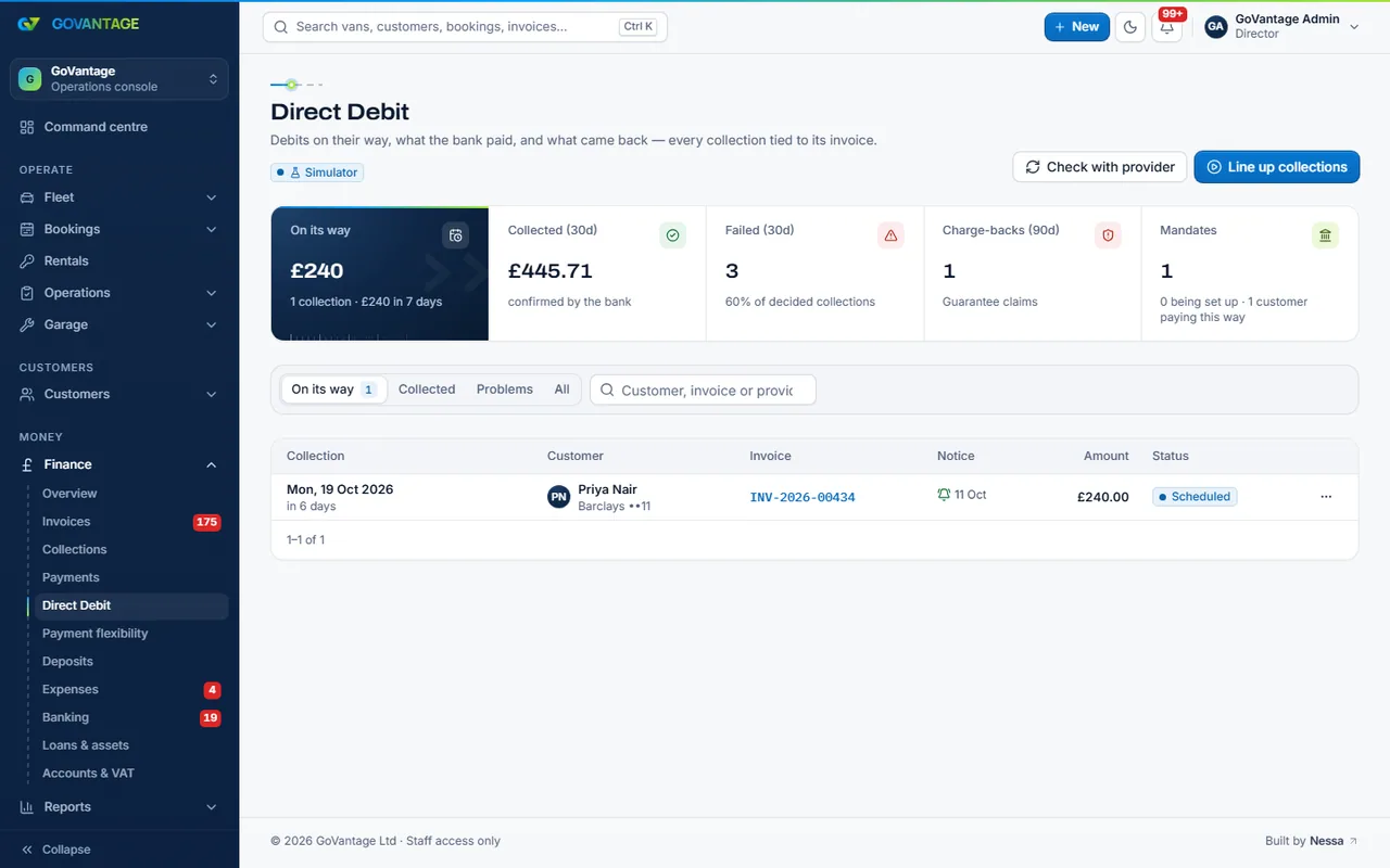 The Direct Debit screen listing mandates and scheduled collections with their status