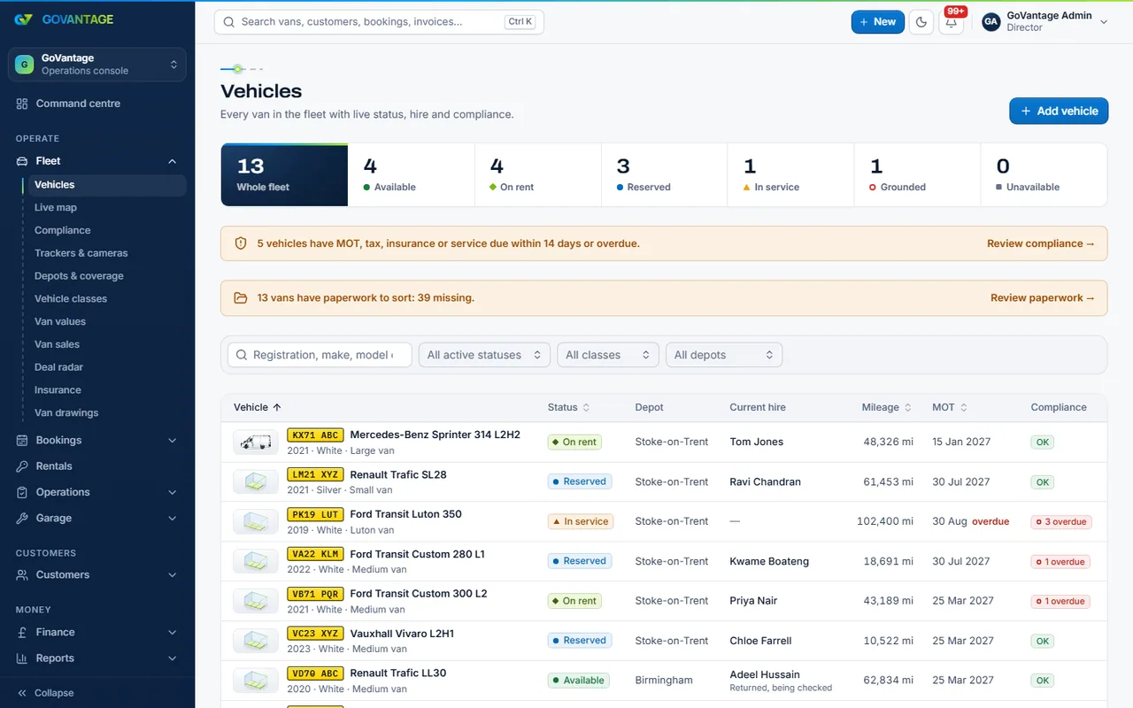 The vehicles list in the staff console: registration, class, depot, status and the next date due for each van