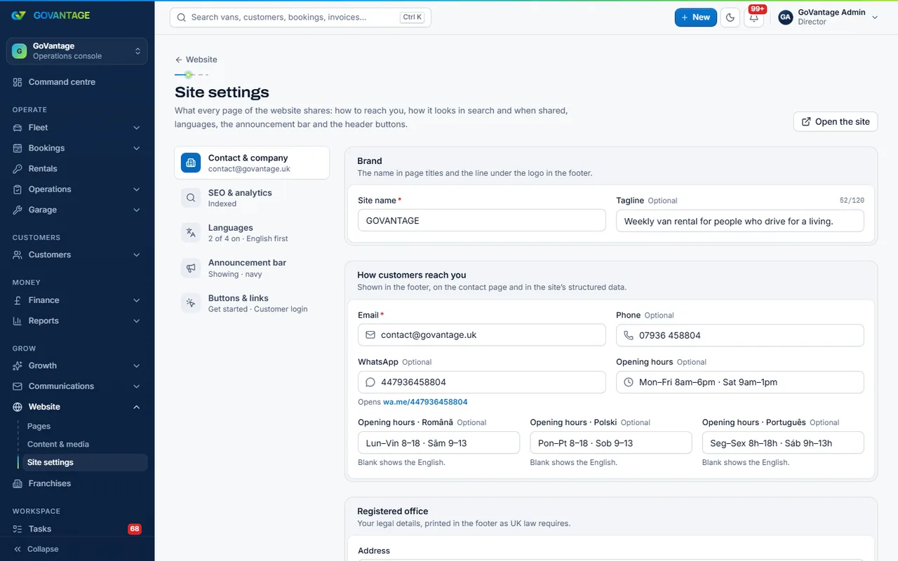 The website settings page in the staff console with the brand, logo and colours