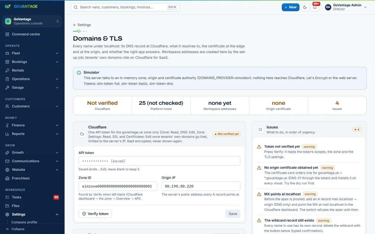 The domains and TLS page listing hosts, DNS records, certificates and their checks