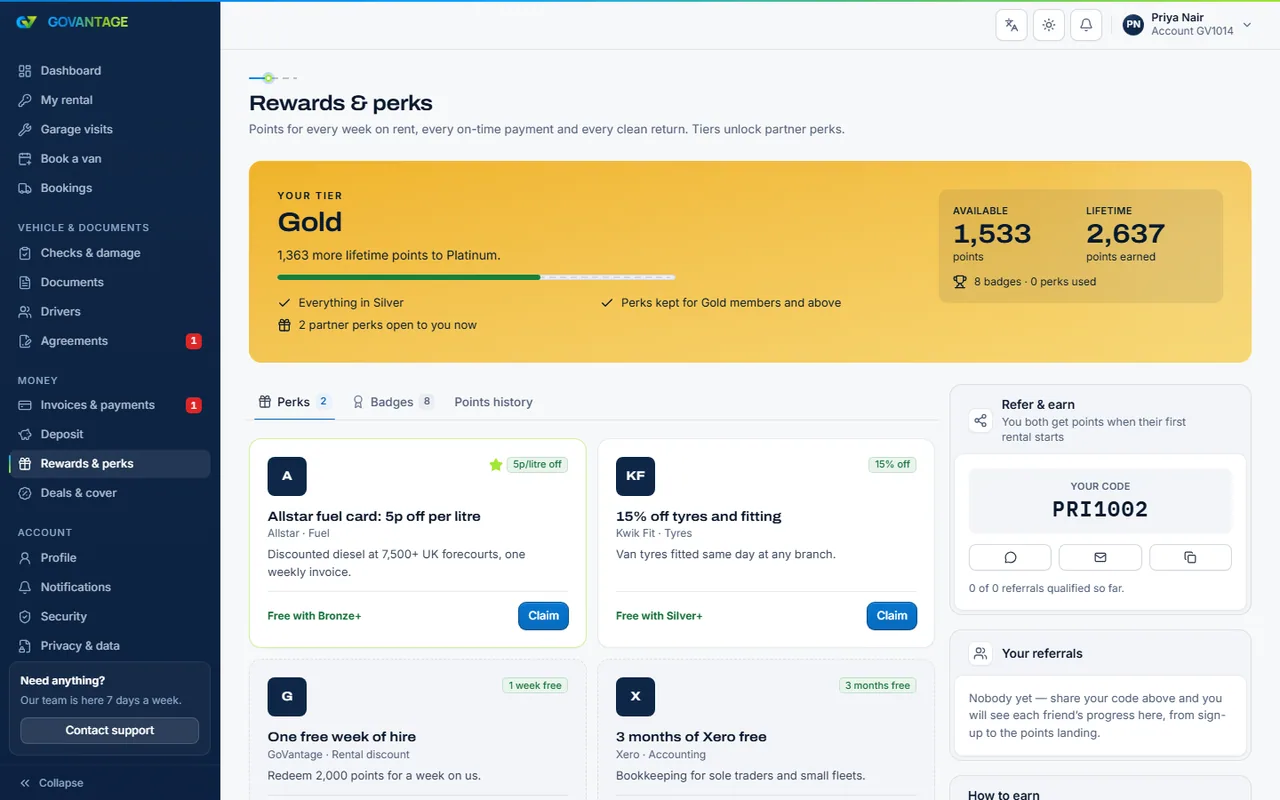 The rewards page in the customer portal showing points, tier and perks