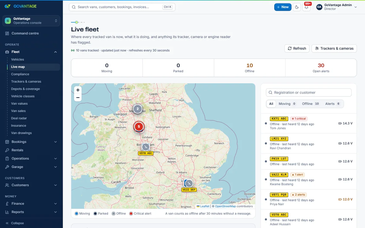The live fleet map in the staff console with each tracked van’s position
