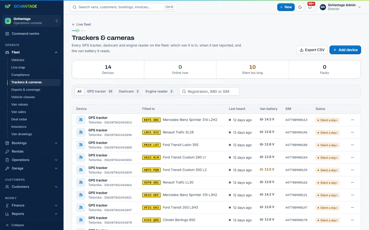 The devices page listing trackers and readers per van and whether each is reporting