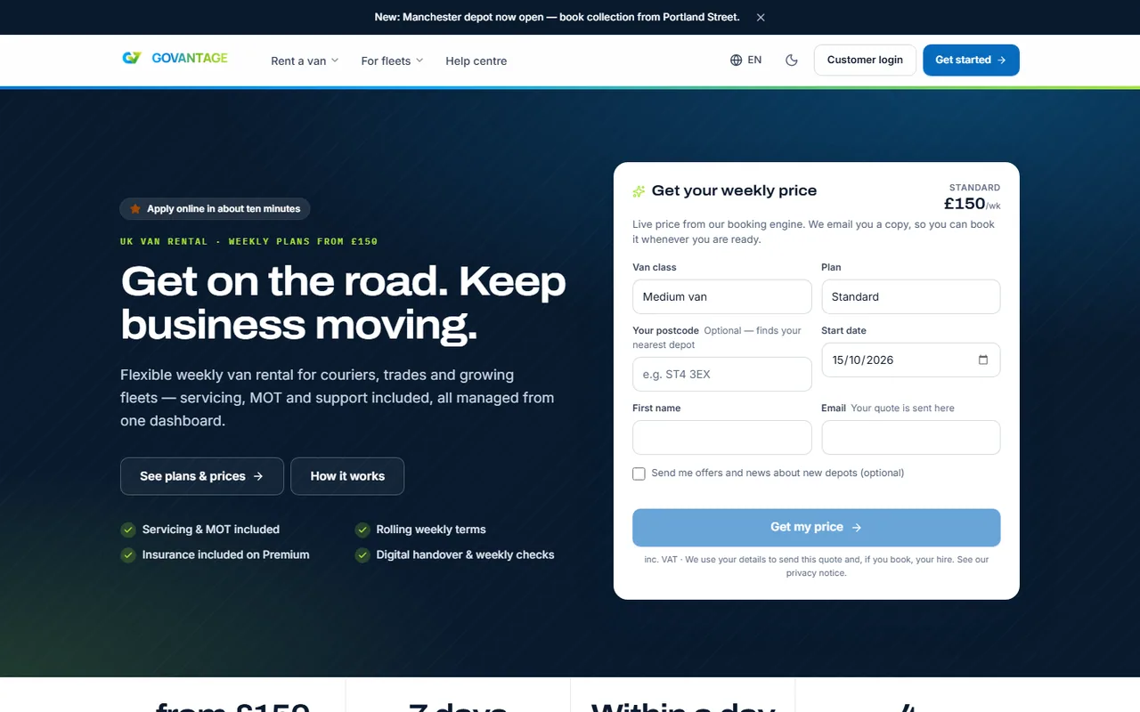 The public website home page with the price widget and the van classes drawn to scale
