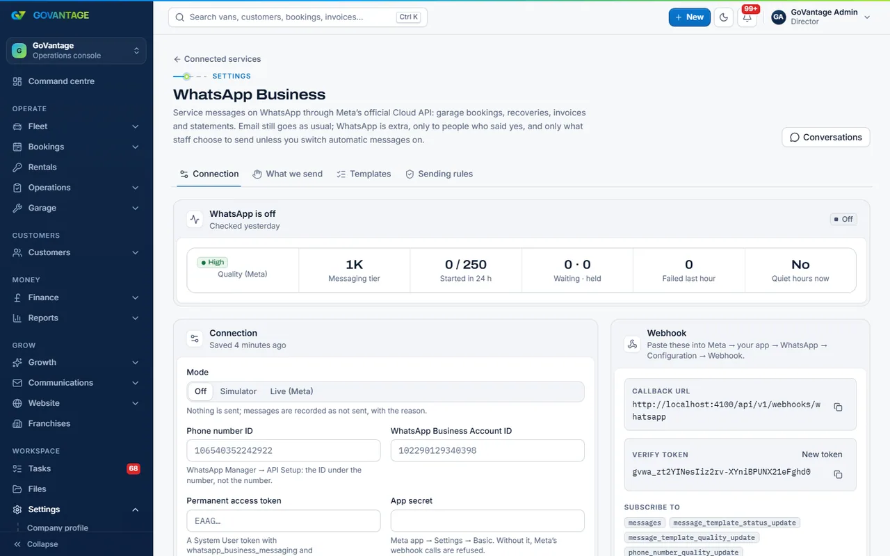 The WhatsApp settings page showing the connected number and the templates with their approval status